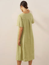 100% Linen Pleated Crew Neck Midi Dress MILA by LINTICO for women
