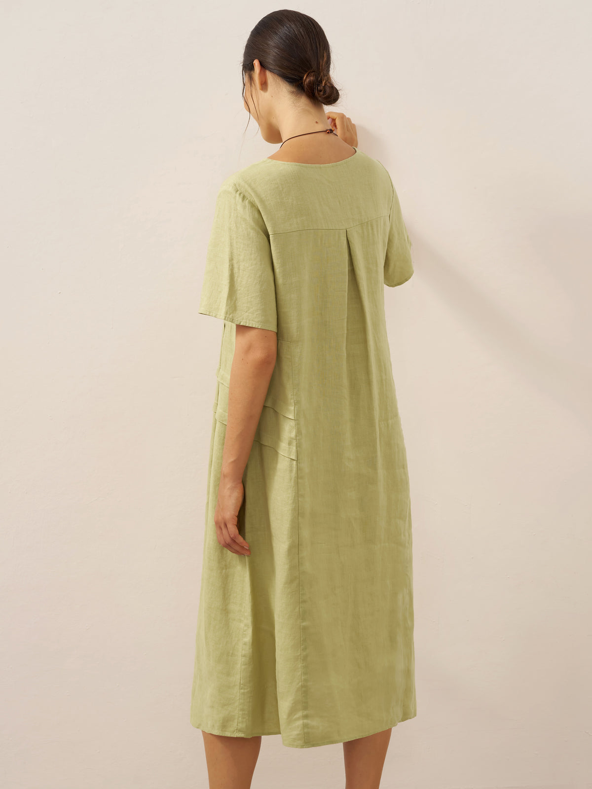 100% Linen Pleated Crew Neck Midi Dress MILA by LINTICO for women