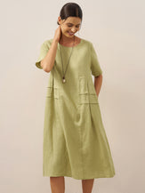 100% Linen Pleated Crew Neck Midi Dress MILA by LINTICO for women