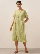 100% Linen Pleated Crew Neck Midi Dress MILA by LINTICO for women