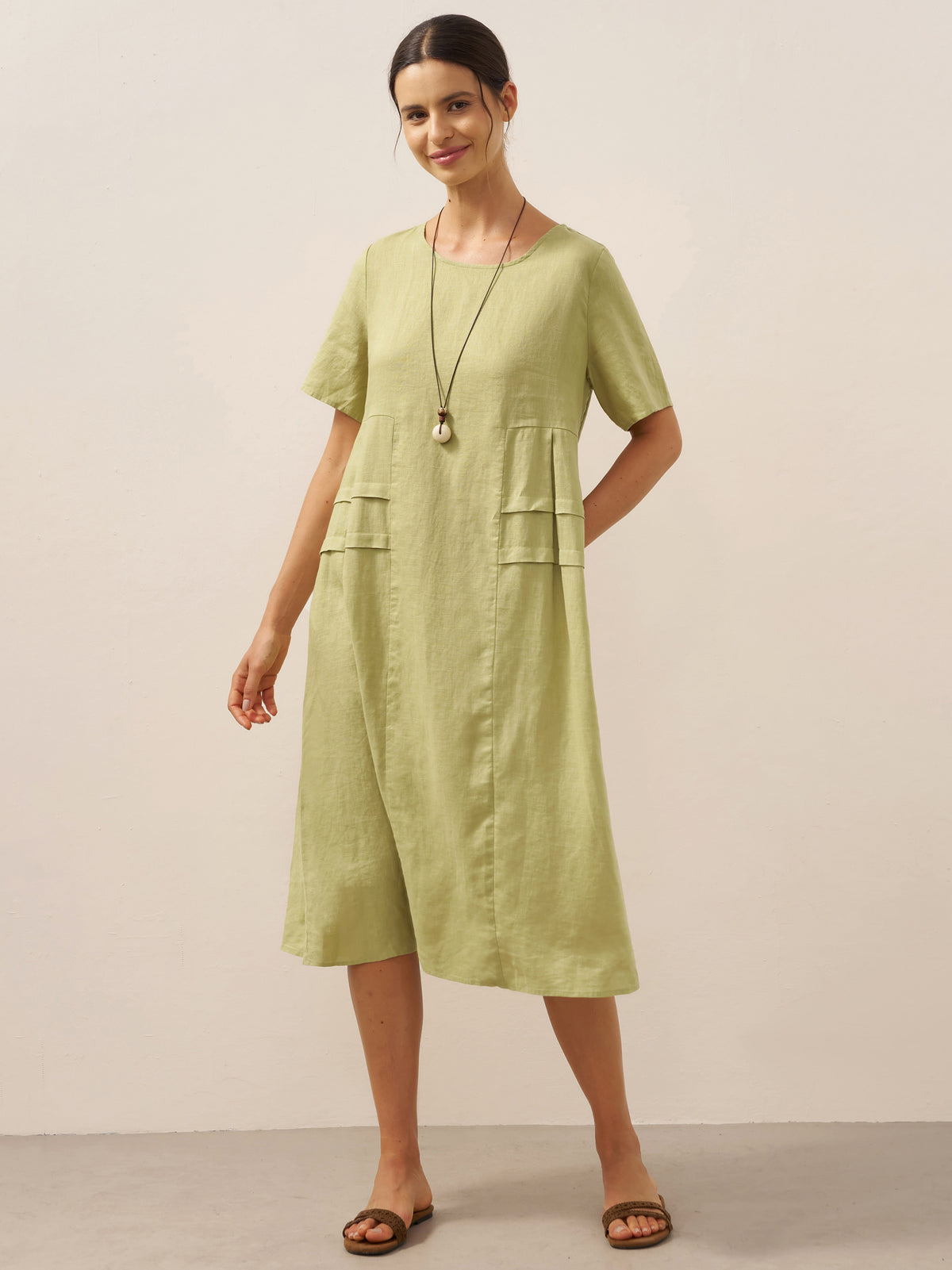 100% Linen Pleated Crew Neck Midi Dress MILA by LINTICO for women