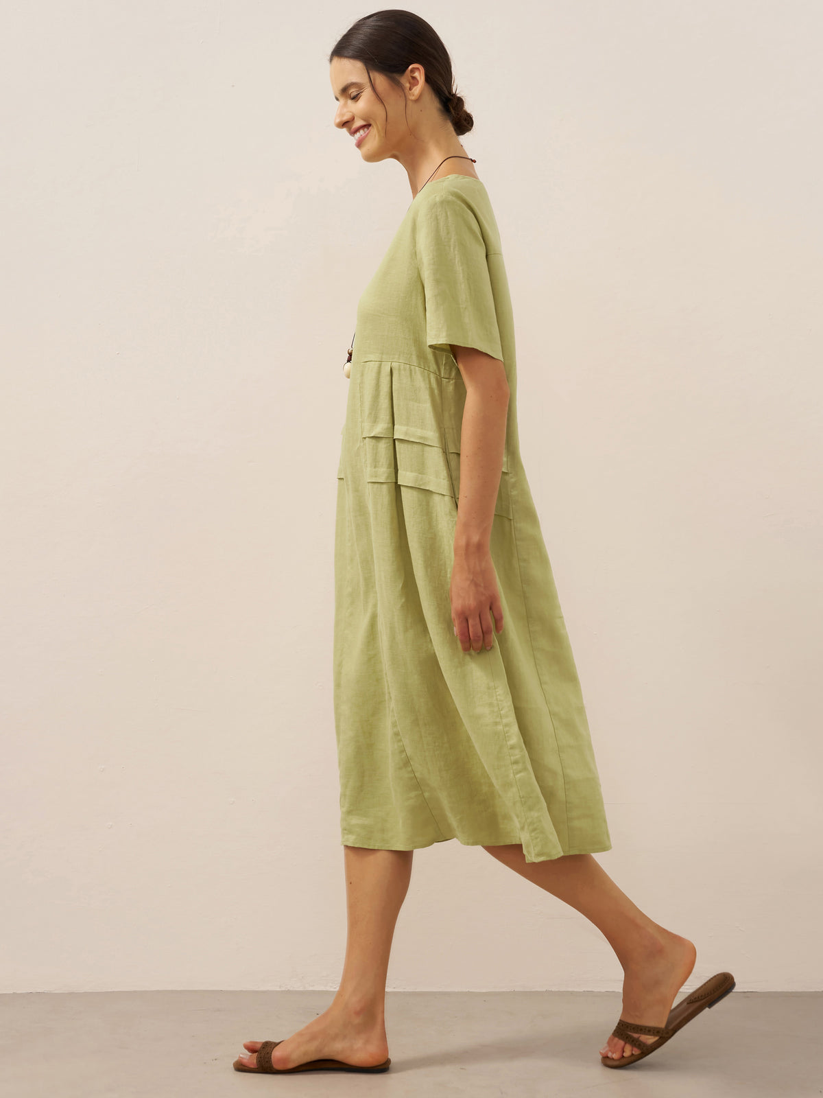 100% Linen Pleated Crew Neck Midi Dress MILA by LINTICO for women