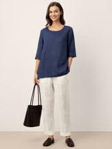 100% Linen Relaxed Back Button Top with Tab Sleeves SYLVANA by LINTICO for women