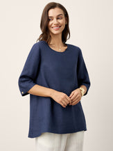 100% Linen Relaxed Back Button Top with Tab Sleeves SYLVANA by LINTICO for women