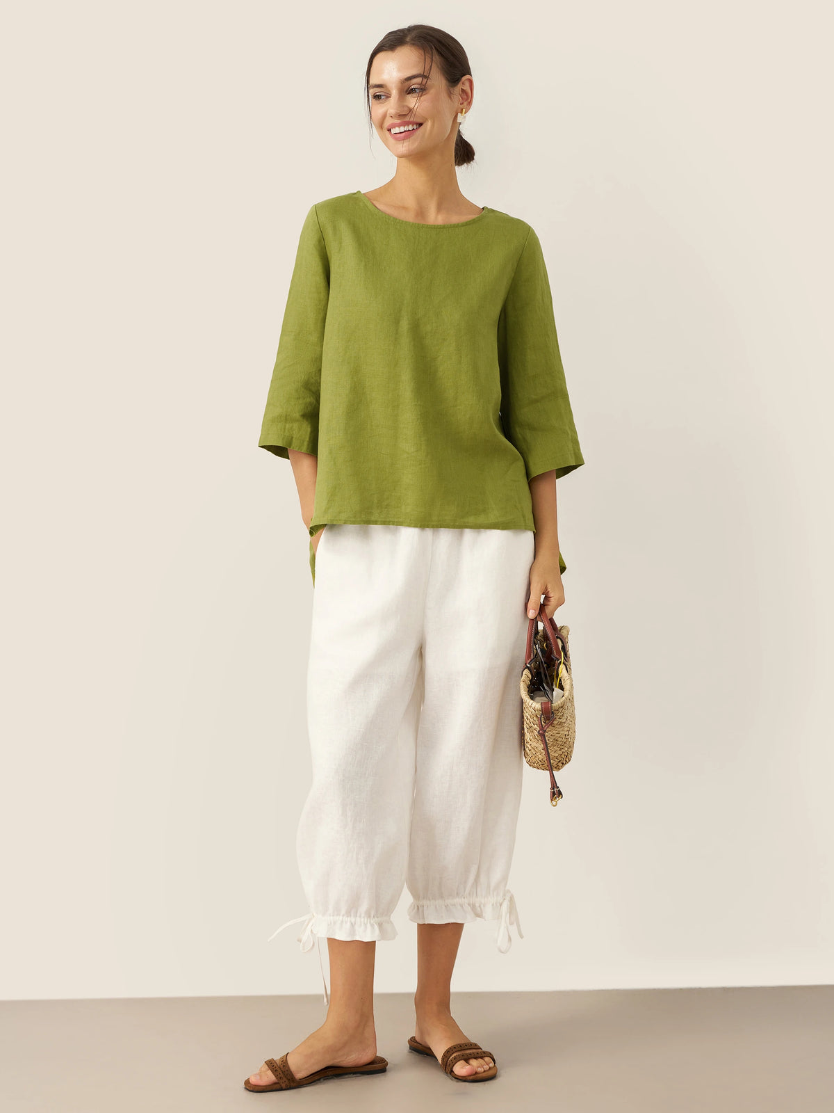 100% Linen Elastic Waist Ruffled Cuff Pants RUBY by LINTICO for women