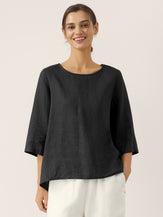 100% Linen Round Neck Asymmetrical Hem Top BRIANNA by LINTICO for women