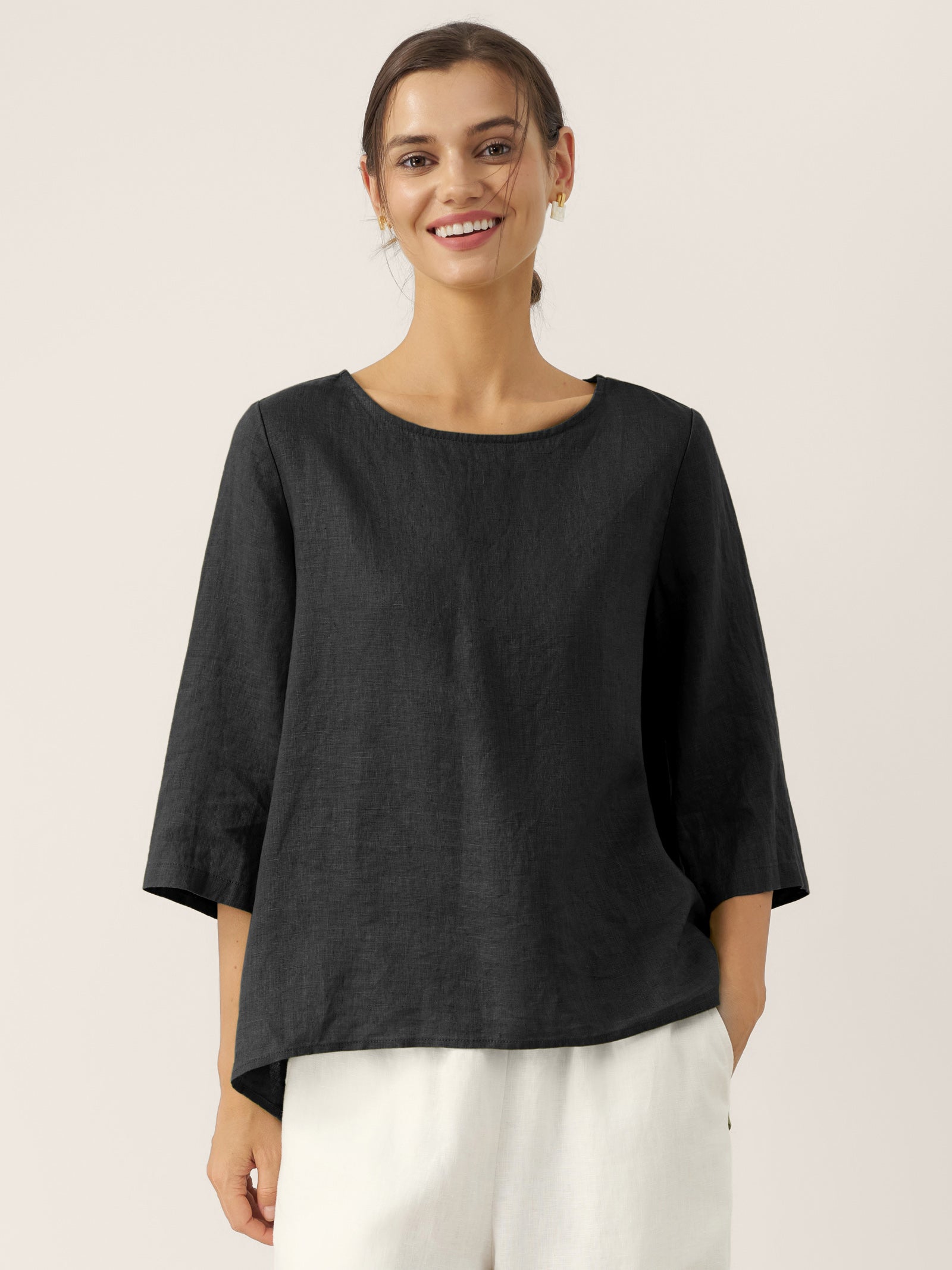 100% Linen Round Neck Asymmetrical Hem Top BRIANNA by LINTICO for women