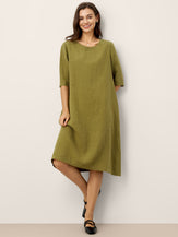 100% Linen Round Neck Back Placket Pleat Midi Dress PENELOPE by LINTICO for women