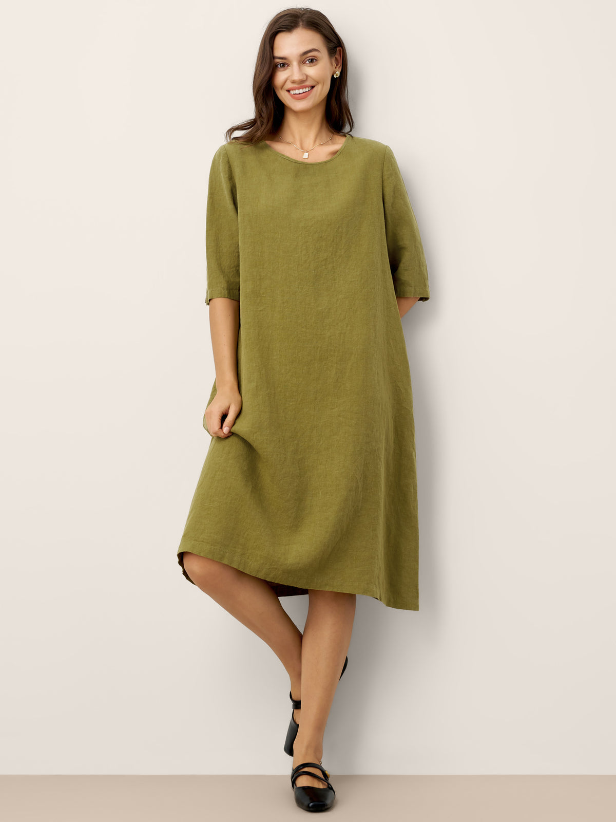 100% Linen Round Neck Back Placket Pleat Midi Dress PENELOPE by LINTICO for women