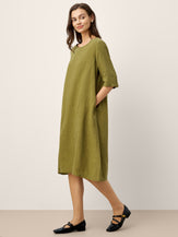 100% Linen Round Neck Back Placket Pleat Midi Dress PENELOPE by LINTICO for women