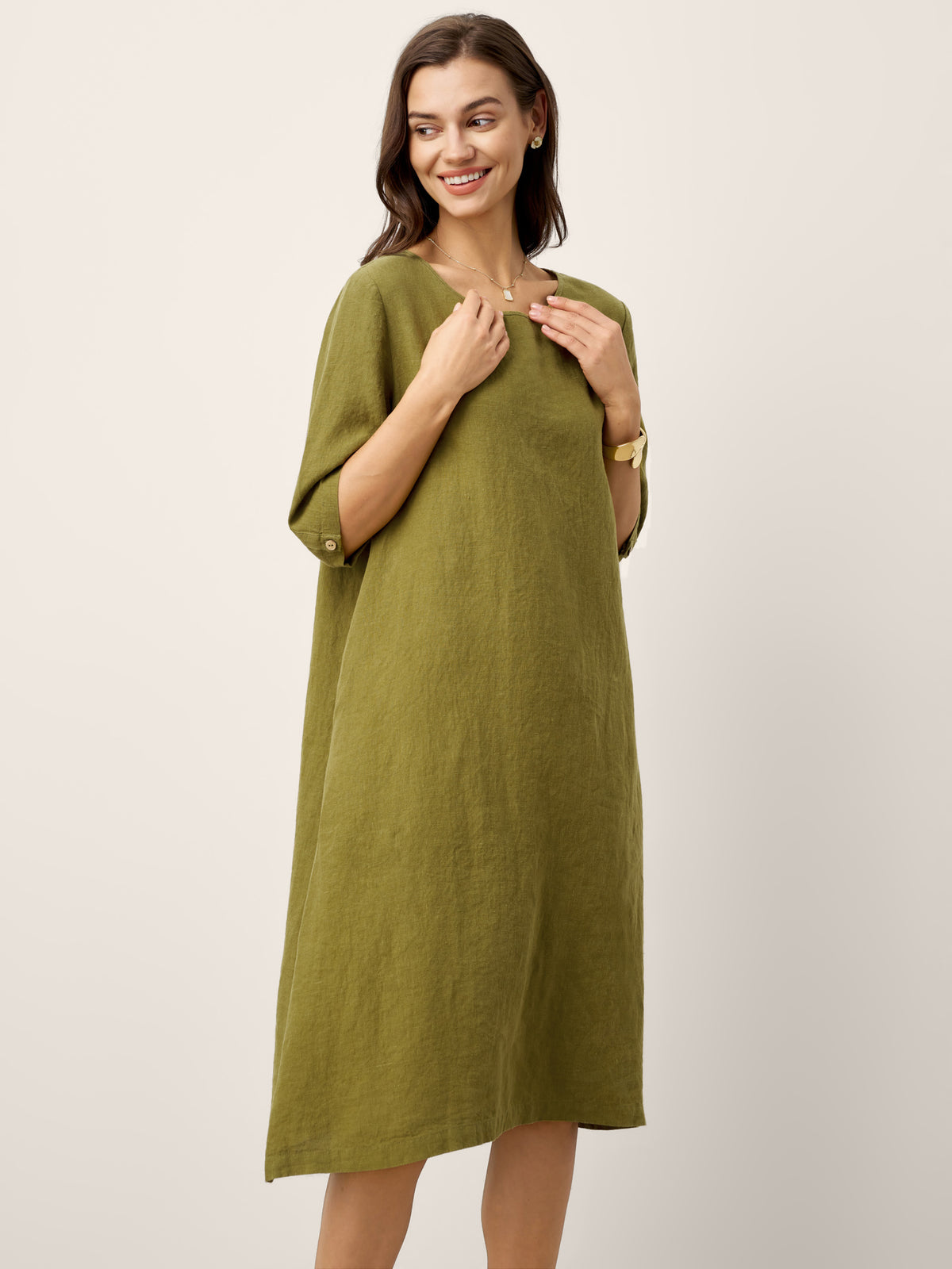 100% Linen Round Neck Back Placket Pleat Midi Dress PENELOPE by LINTICO for women