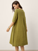 100% Linen Round Neck Back Placket Pleat Midi Dress PENELOPE by LINTICO for women