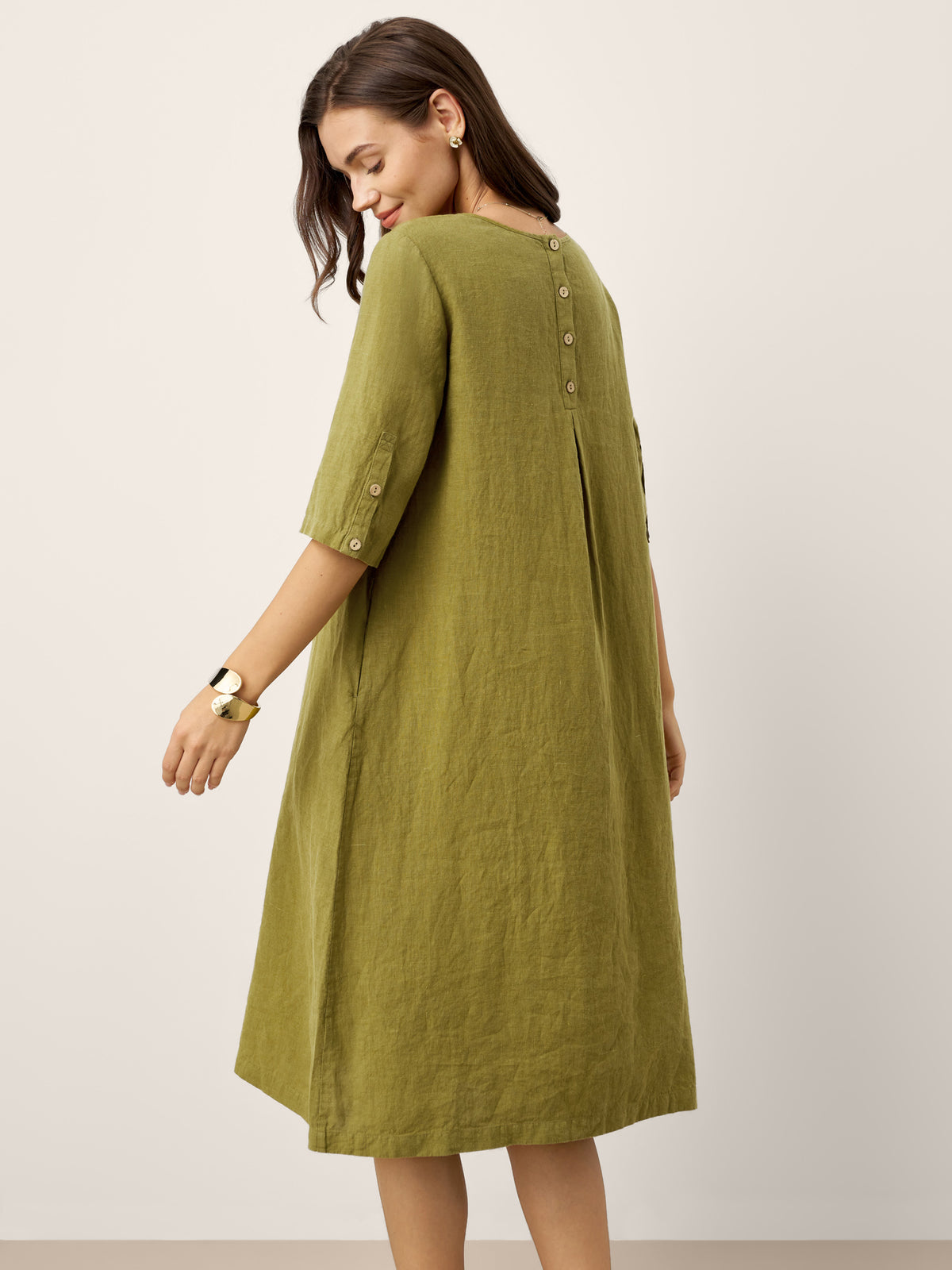 100% Linen Round Neck Back Placket Pleat Midi Dress PENELOPE by LINTICO for women