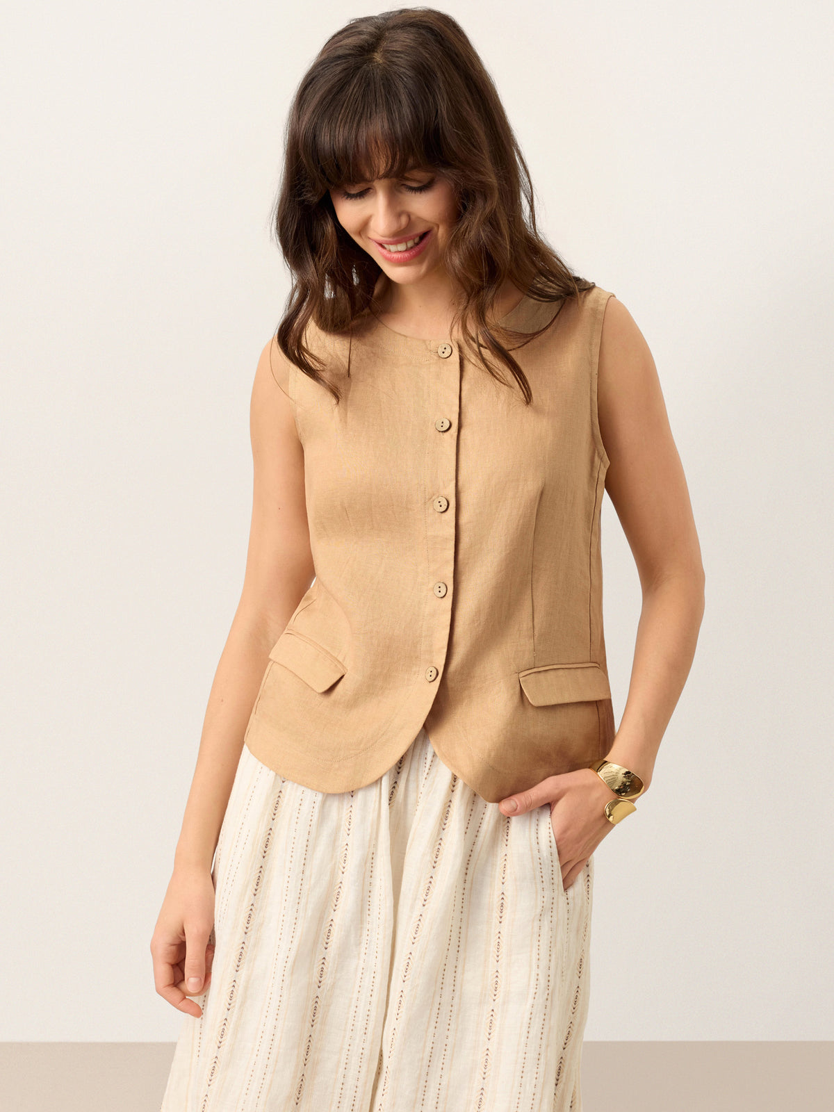 100% Linen Cinch-Back Sleeveless Tailored Vest BRONWYN by LINTICO for women
