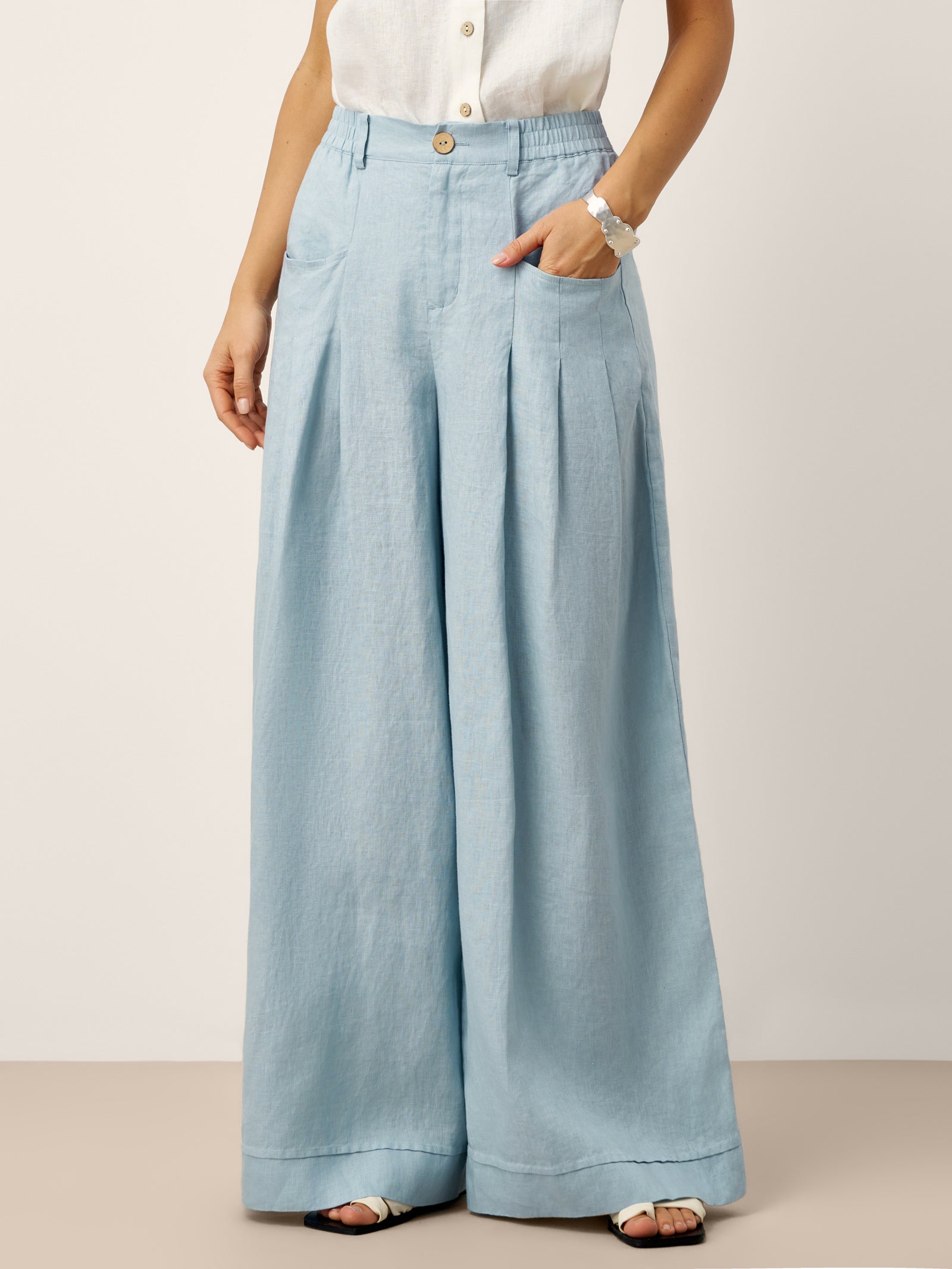 100% Linen Sculpted Pleat Elasticated Back Relaxed Pants VERIDIANA