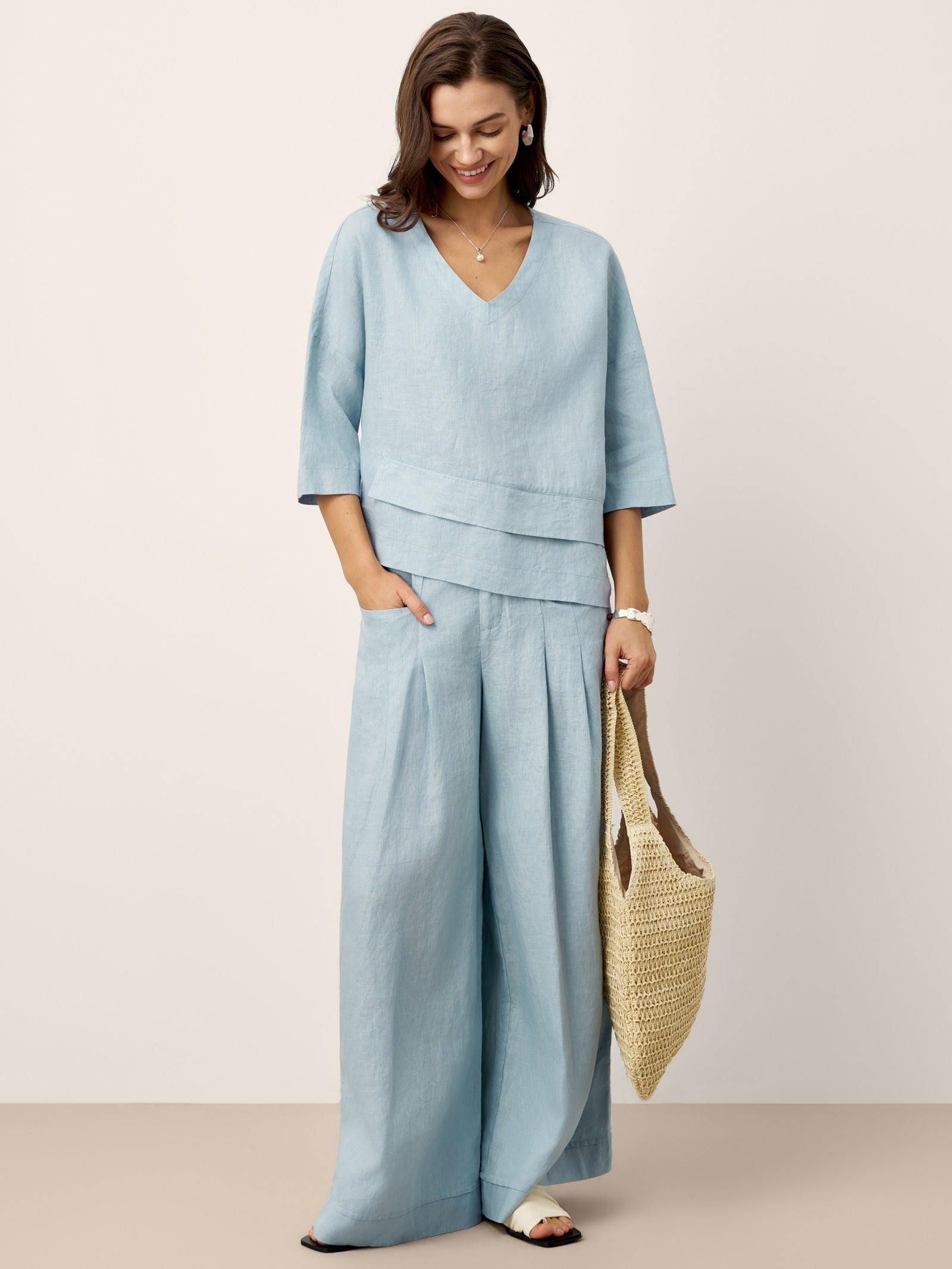100% Linen Sculpted Pleat Elasticated Back Relaxed Pants VERIDIANA by LINTICO for women