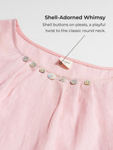 100% Linen Shell Button Pleated Crew Neck Top RENA by LINTICO for women