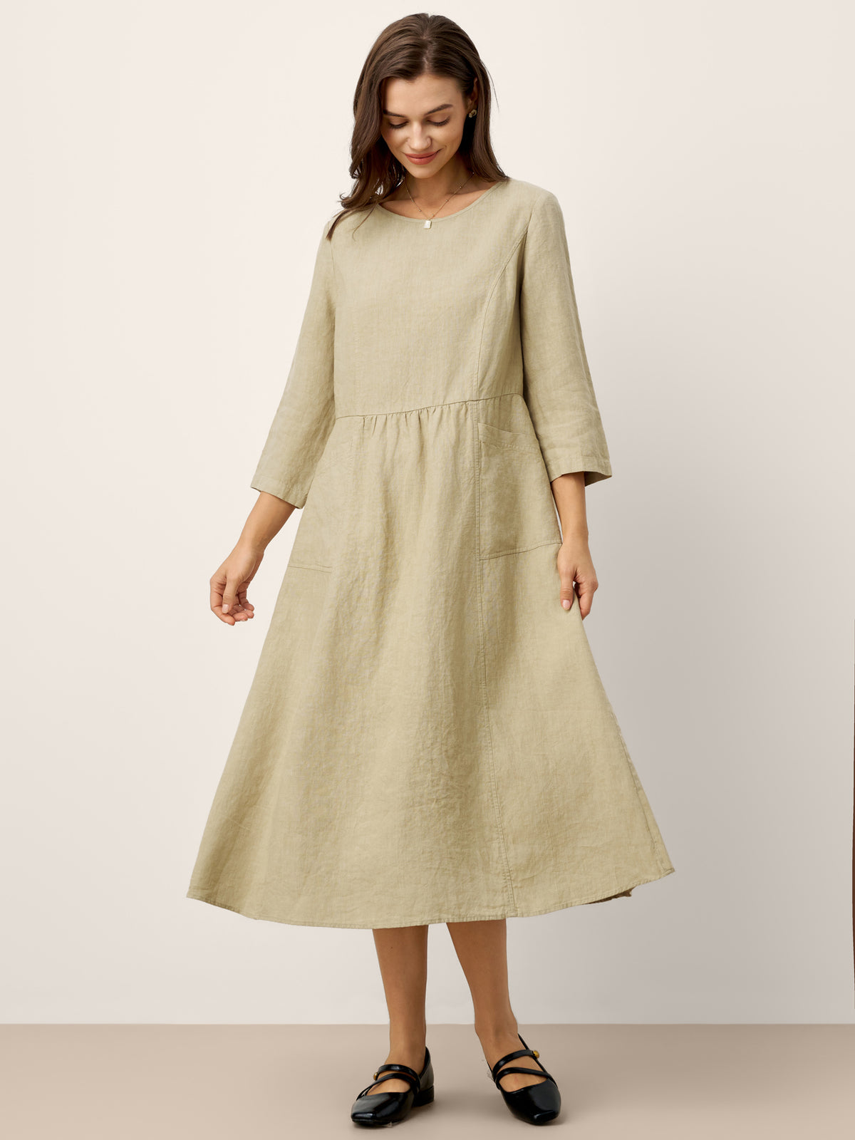 100% Linen Shirred Waistline Patch Pocket Midi Dress MARCELLA by LINTICO for women