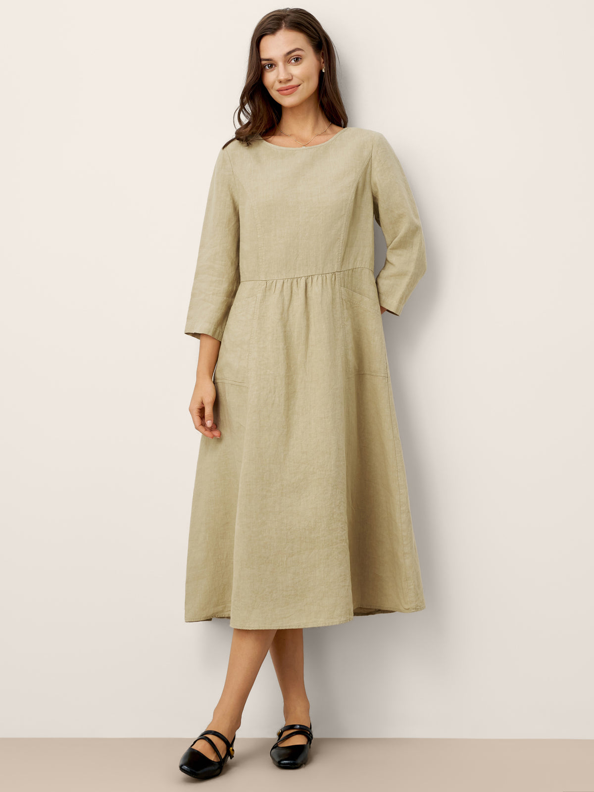 100% Linen Shirred Waistline Patch Pocket Midi Dress MARCELLA by LINTICO for women