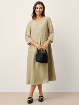 100% Linen Shirred Waistline Patch Pocket Midi Dress MARCELLA by LINTICO for women