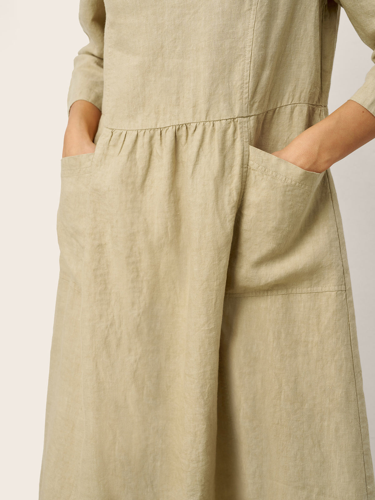 100% Linen Shirred Waistline Patch Pocket Midi Dress MARCELLA by LINTICO for women