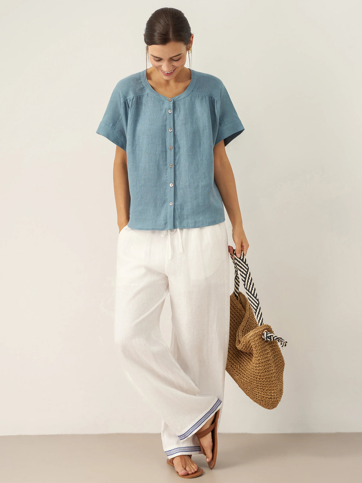 100% Linen Short Sleeve Crew Neck Shirt FINA by LINTICO for women