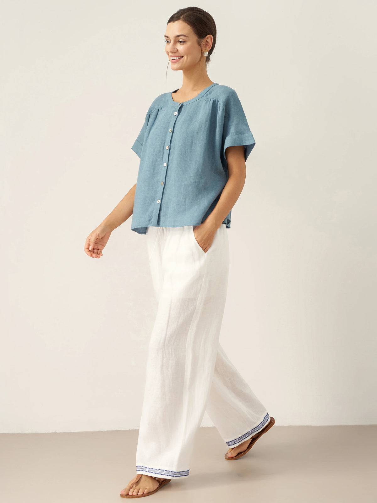 100% Linen Short Sleeve Crew Neck Shirt FINA by LINTICO for women