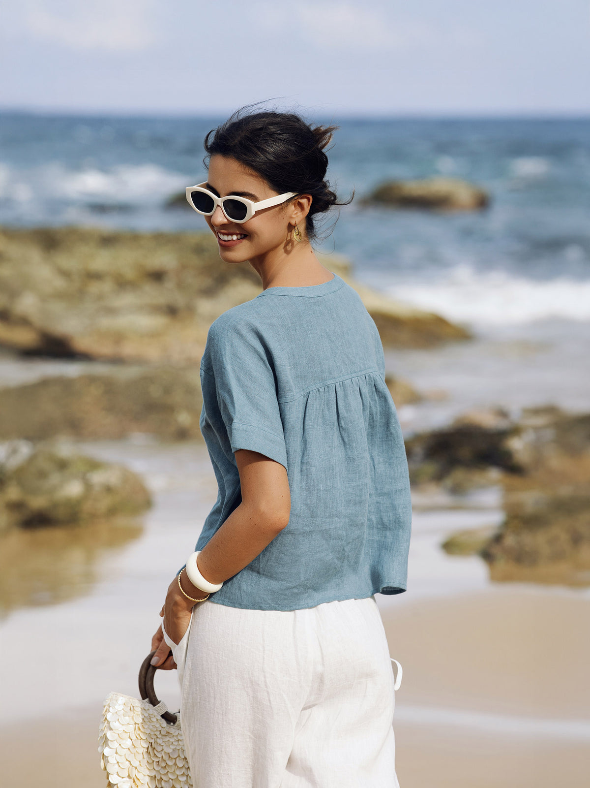 100% Linen Short Sleeve Crew Neck Shirt FINA by LINTICO for women