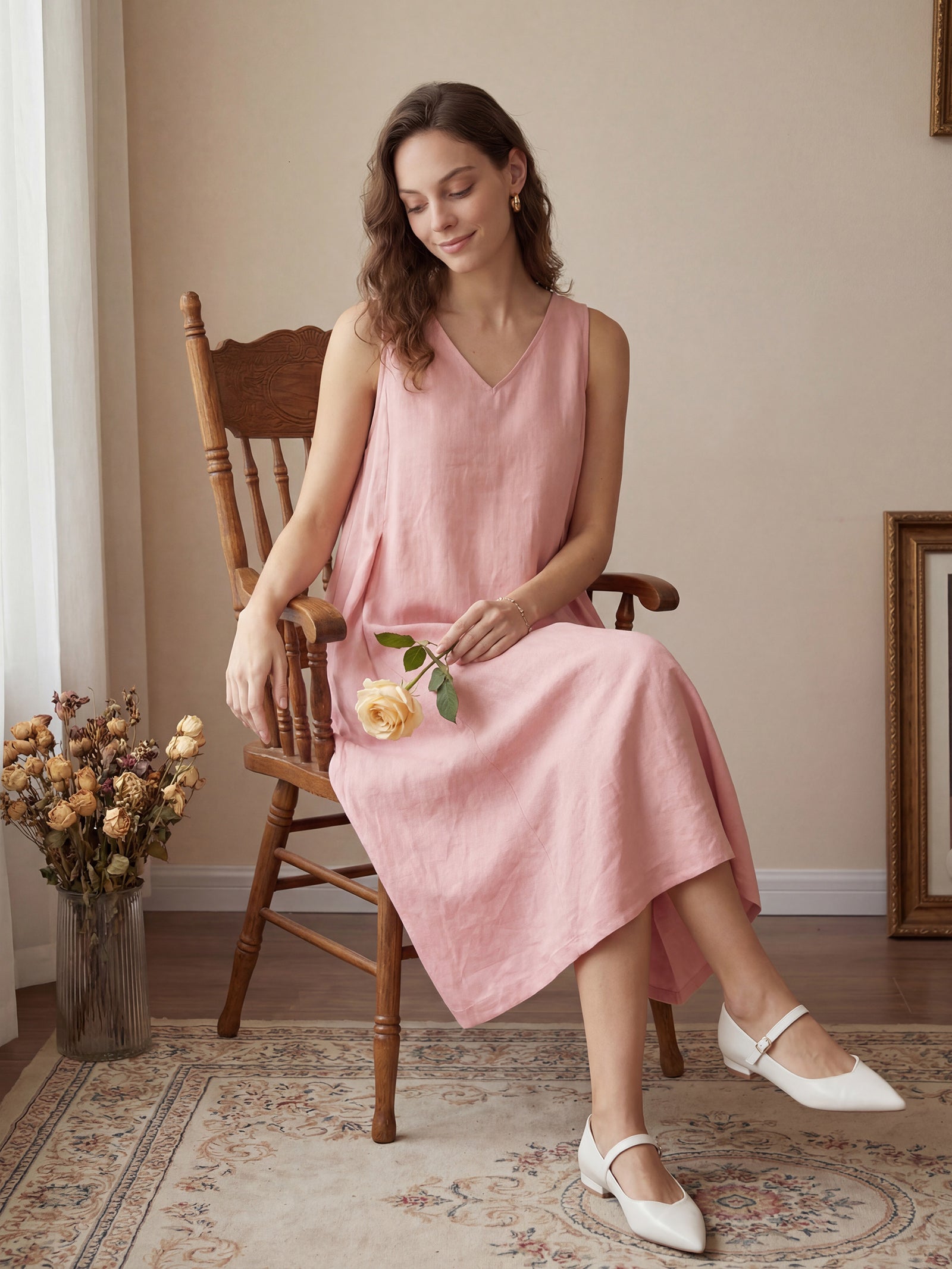 100% Linen Sleeveless A-Line Midi Dress TARA by LINTICO for women