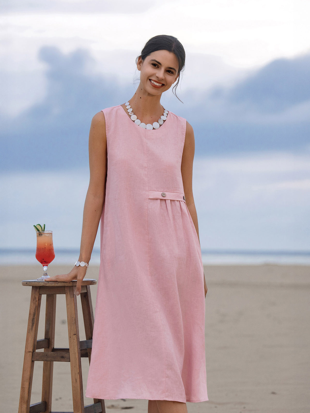 100% Linen Sleeveless Accordion Pleat Midi Dress TINA by LINTICO for women