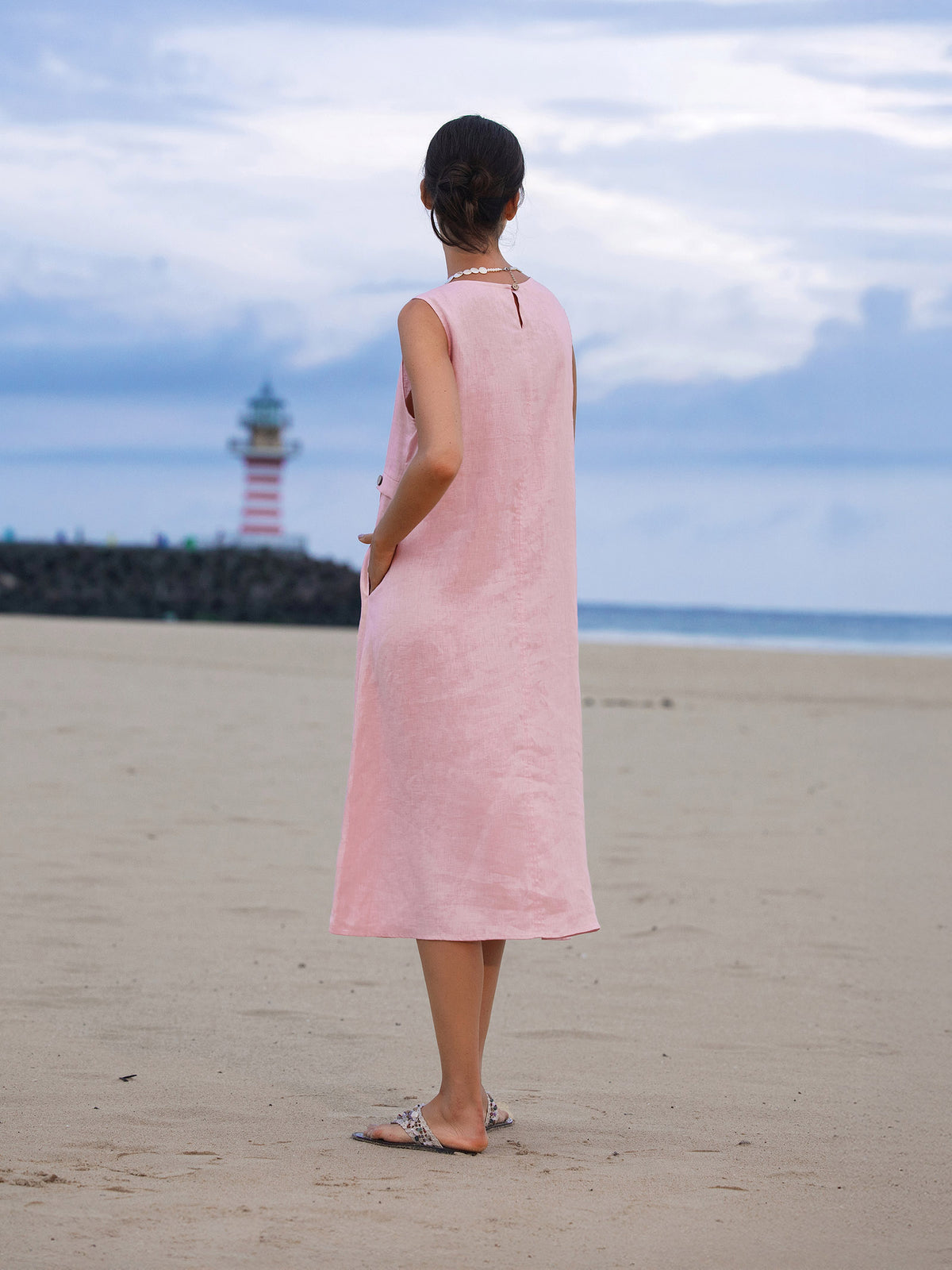 100% Linen Sleeveless Accordion Pleat Midi Dress TINA by LINTICO for women