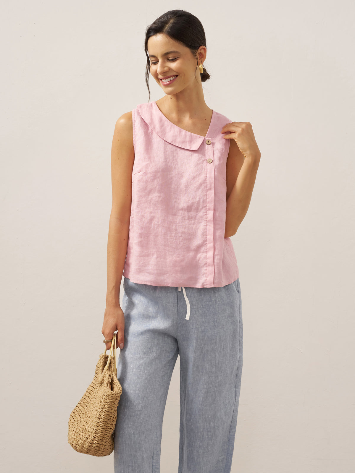 100% Linen Sleeveless Crescent Collar Top KARA by LINTICO for women