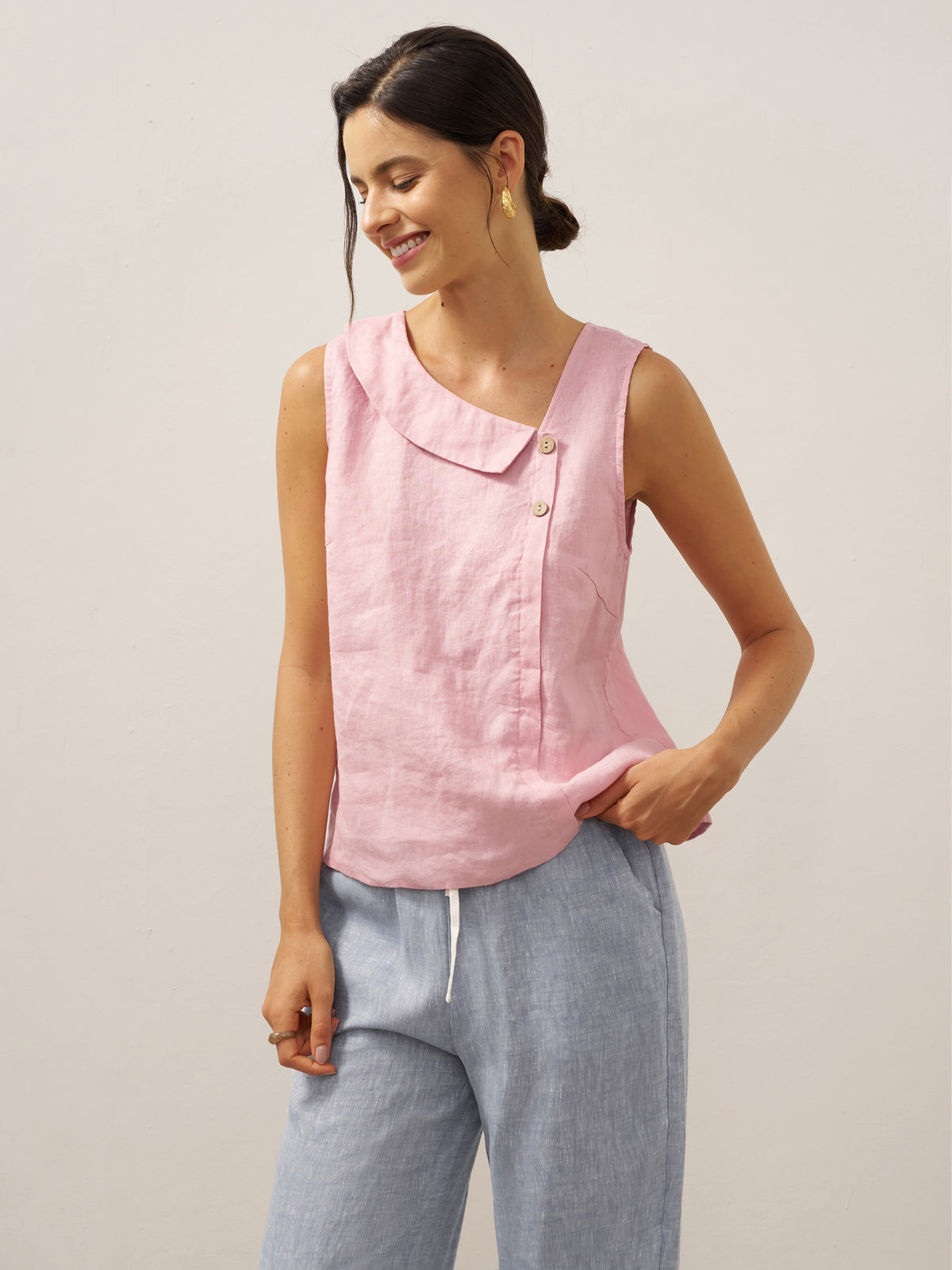 100% Linen Sleeveless Crescent Collar Top KARA by LINTICO for women