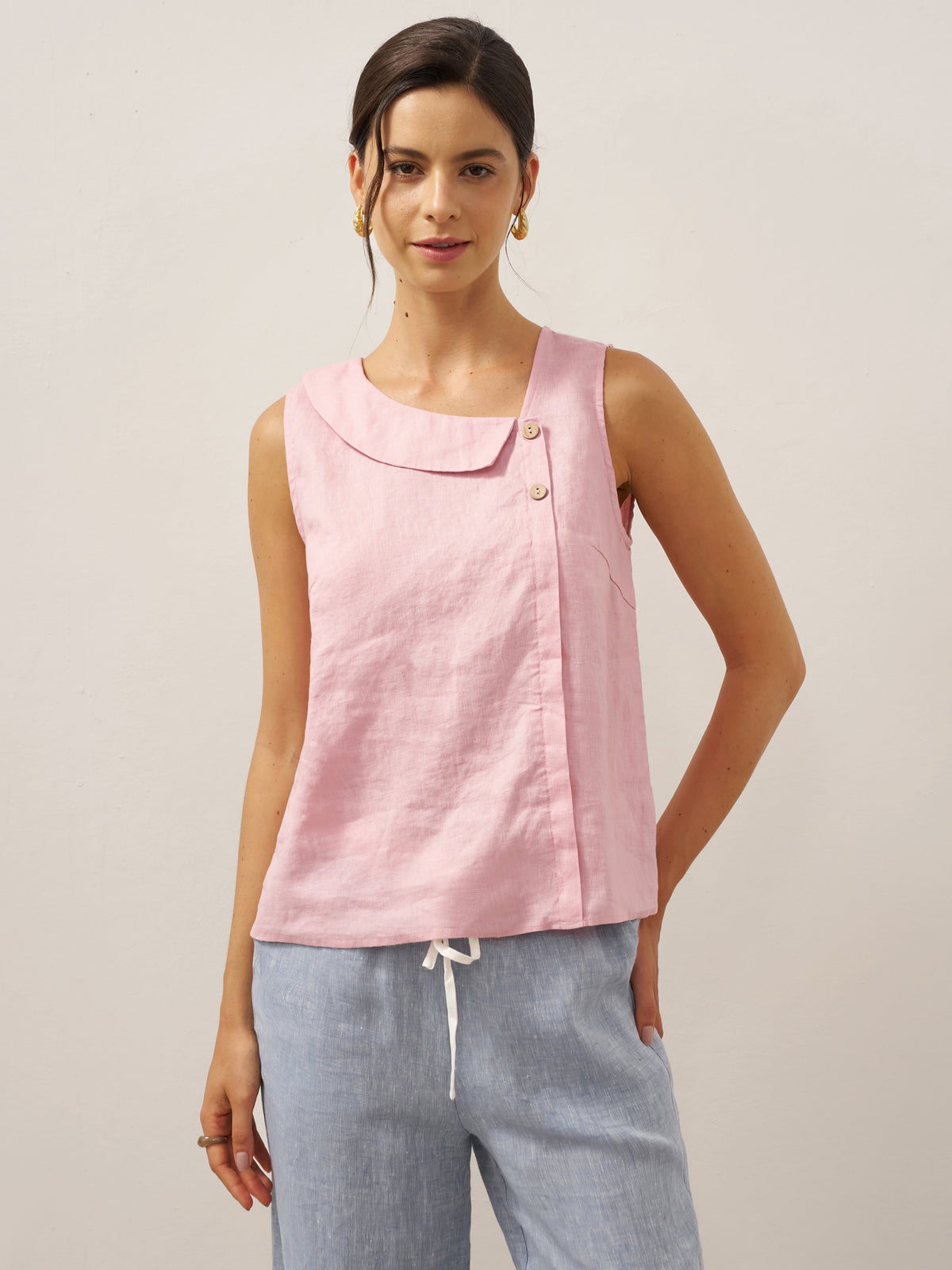 100% Linen Sleeveless Crescent Collar Top KARA by LINTICO for women