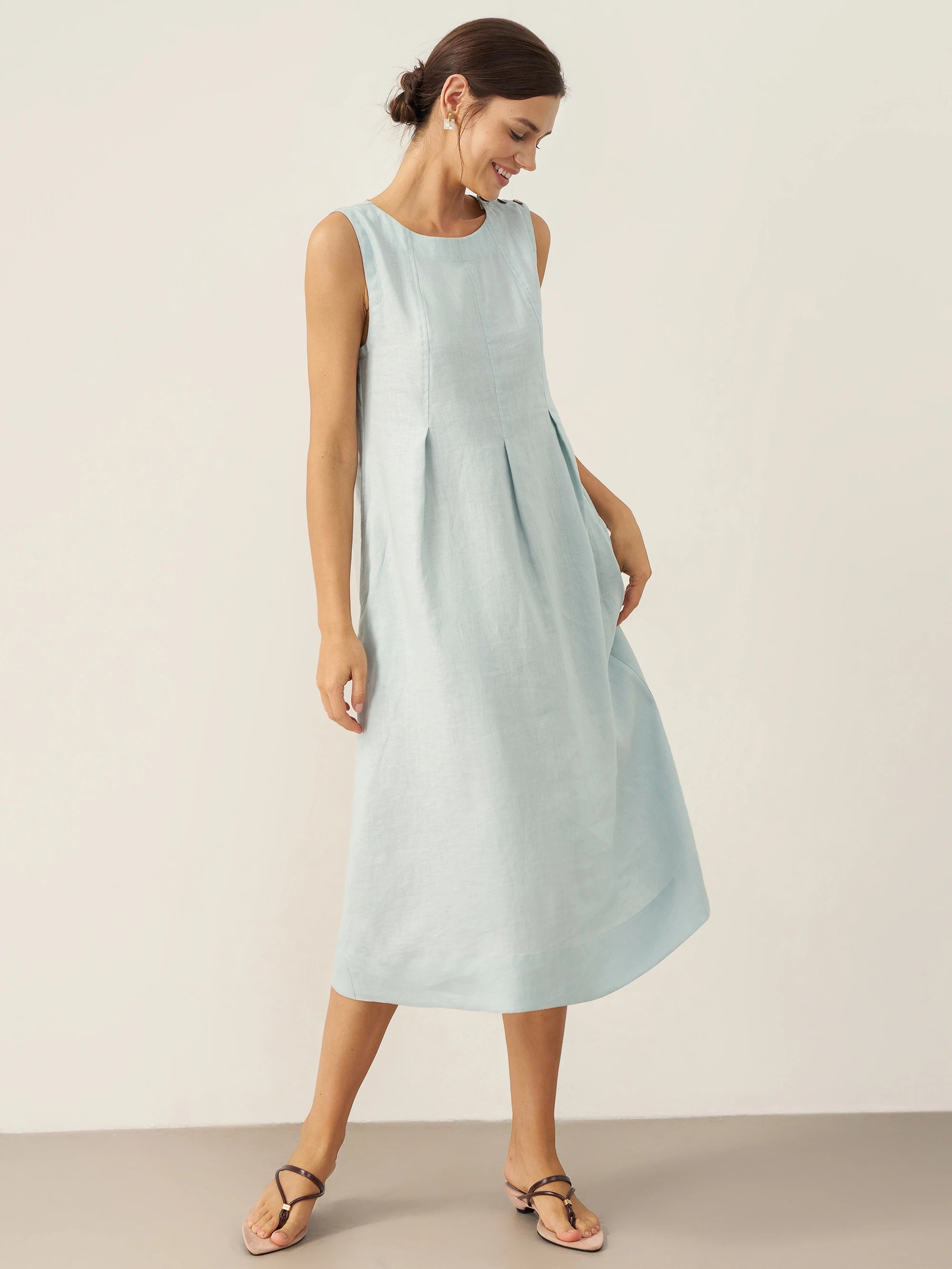 100% Linen Sleeveless Shoulder Button Midi Dress Freya