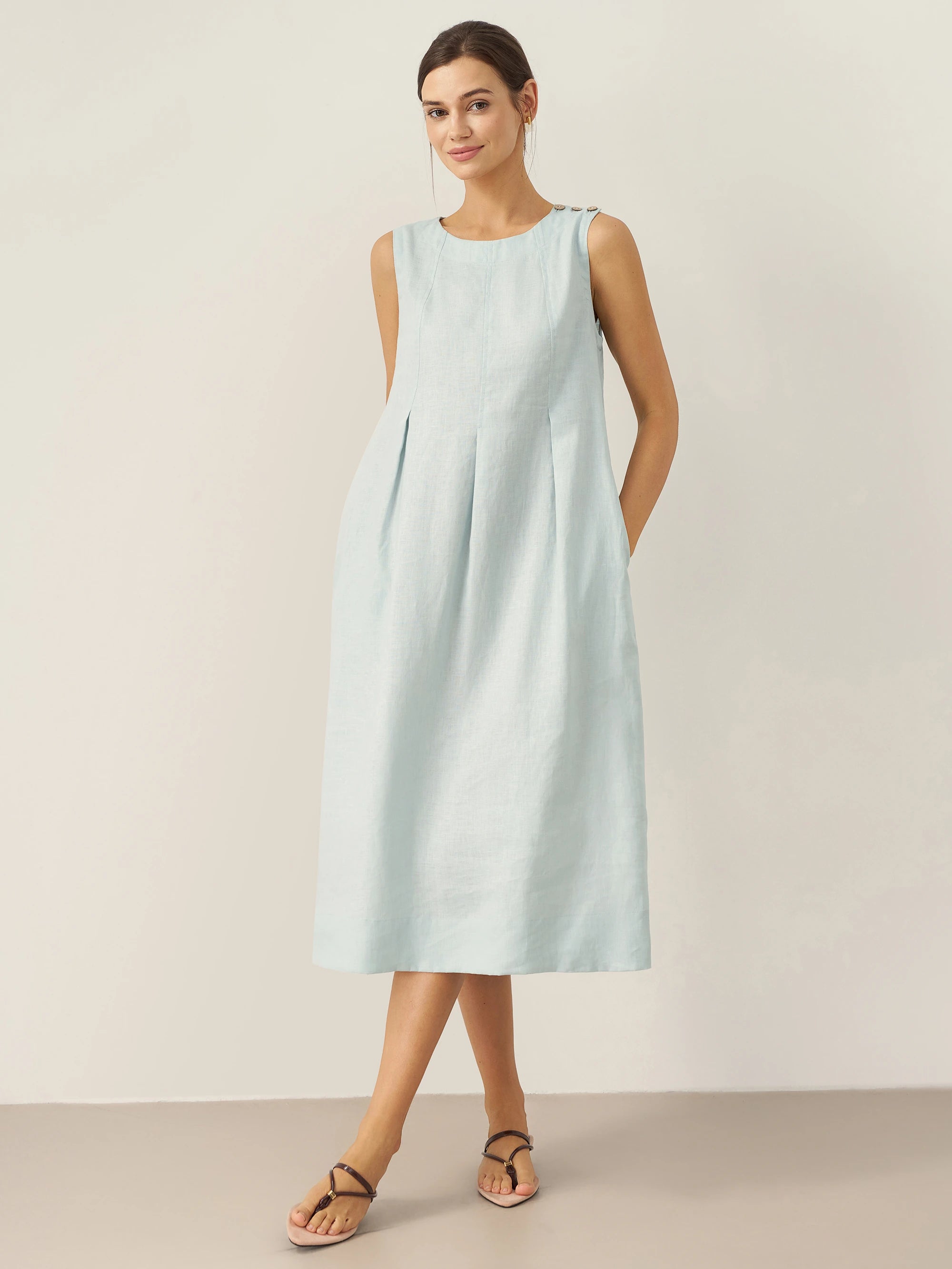 100% Linen Sleeveless Shoulder Button Midi Dress Freya