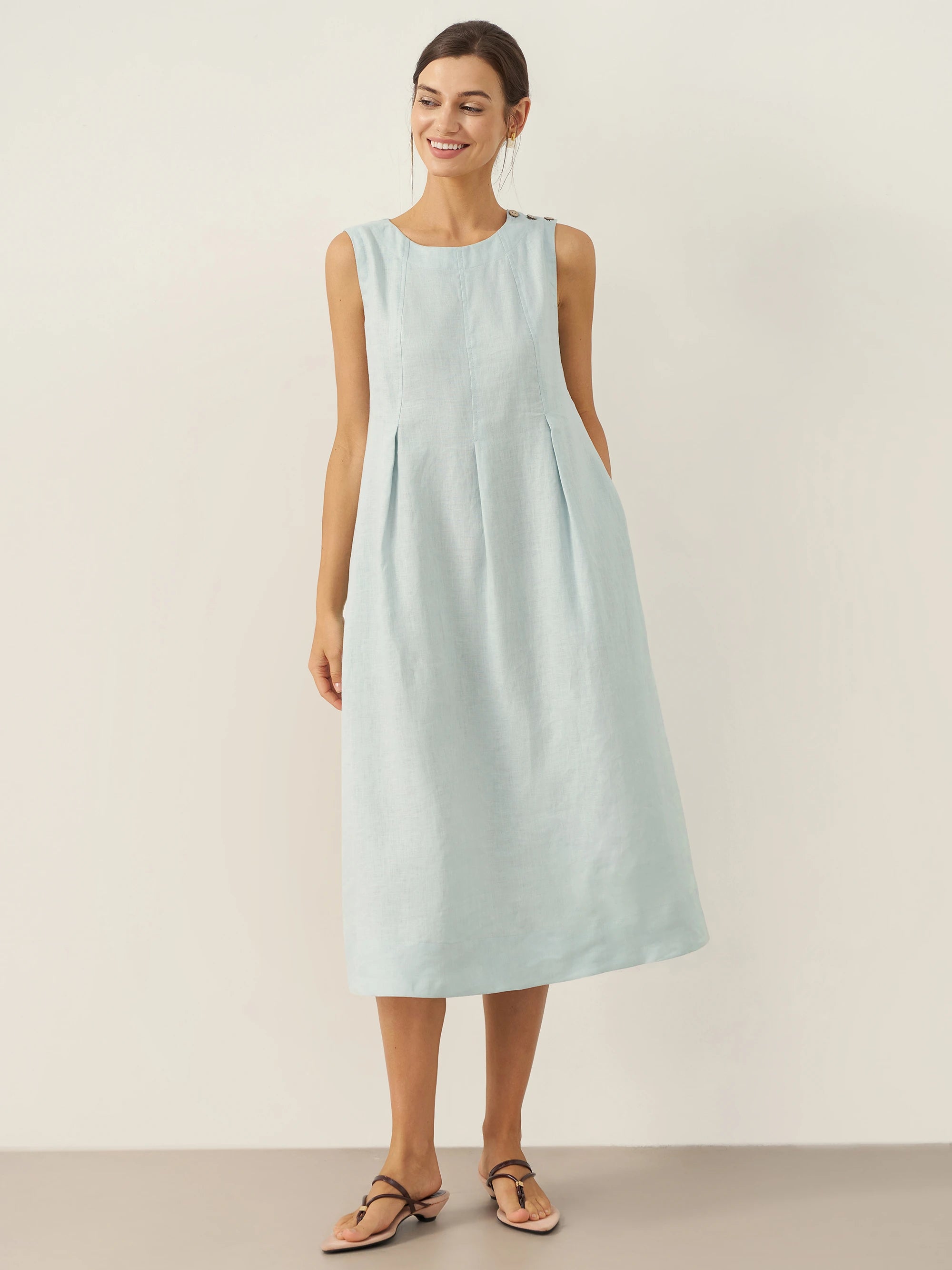 100% Linen Sleeveless Shoulder Button Midi Dress Freya