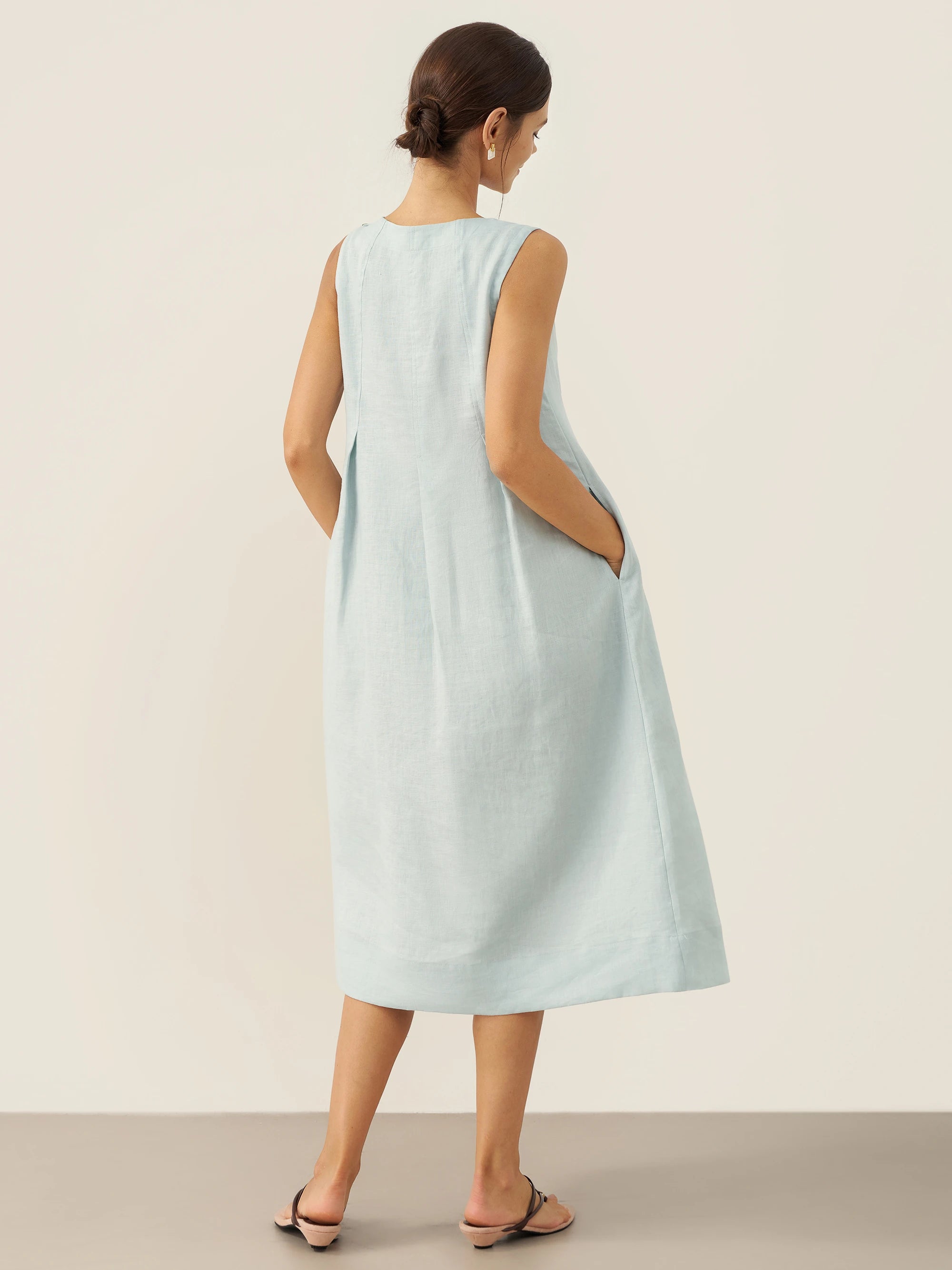 100% Linen Sleeveless Shoulder Button Midi Dress Freya