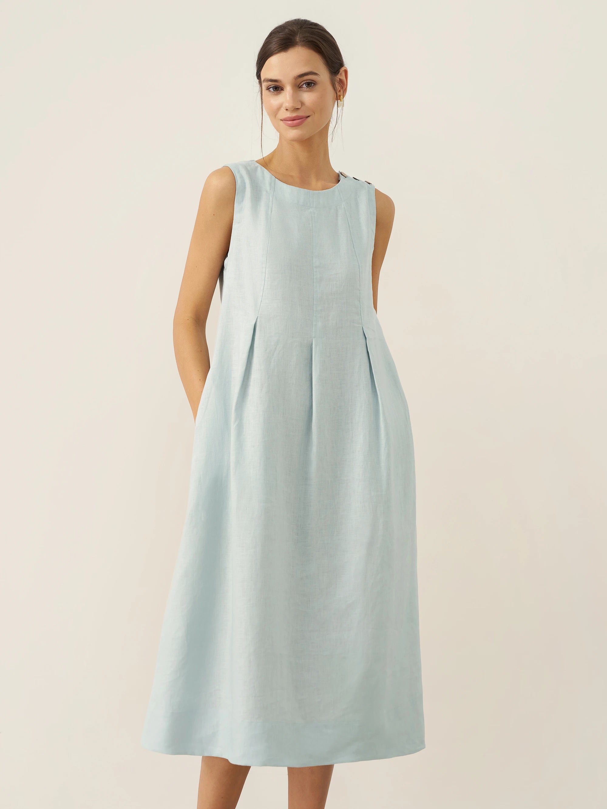 100% Linen Sleeveless Shoulder Button Midi Dress Freya