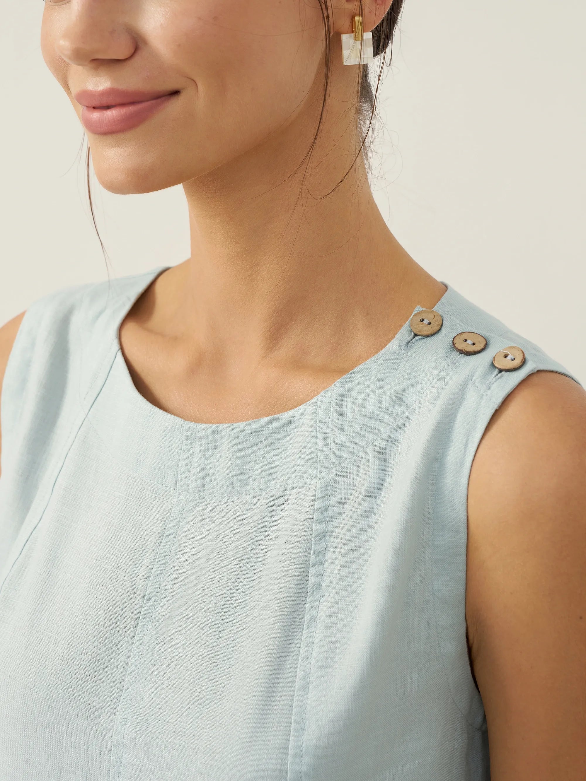100% Linen Sleeveless Shoulder Button Midi Dress Freya