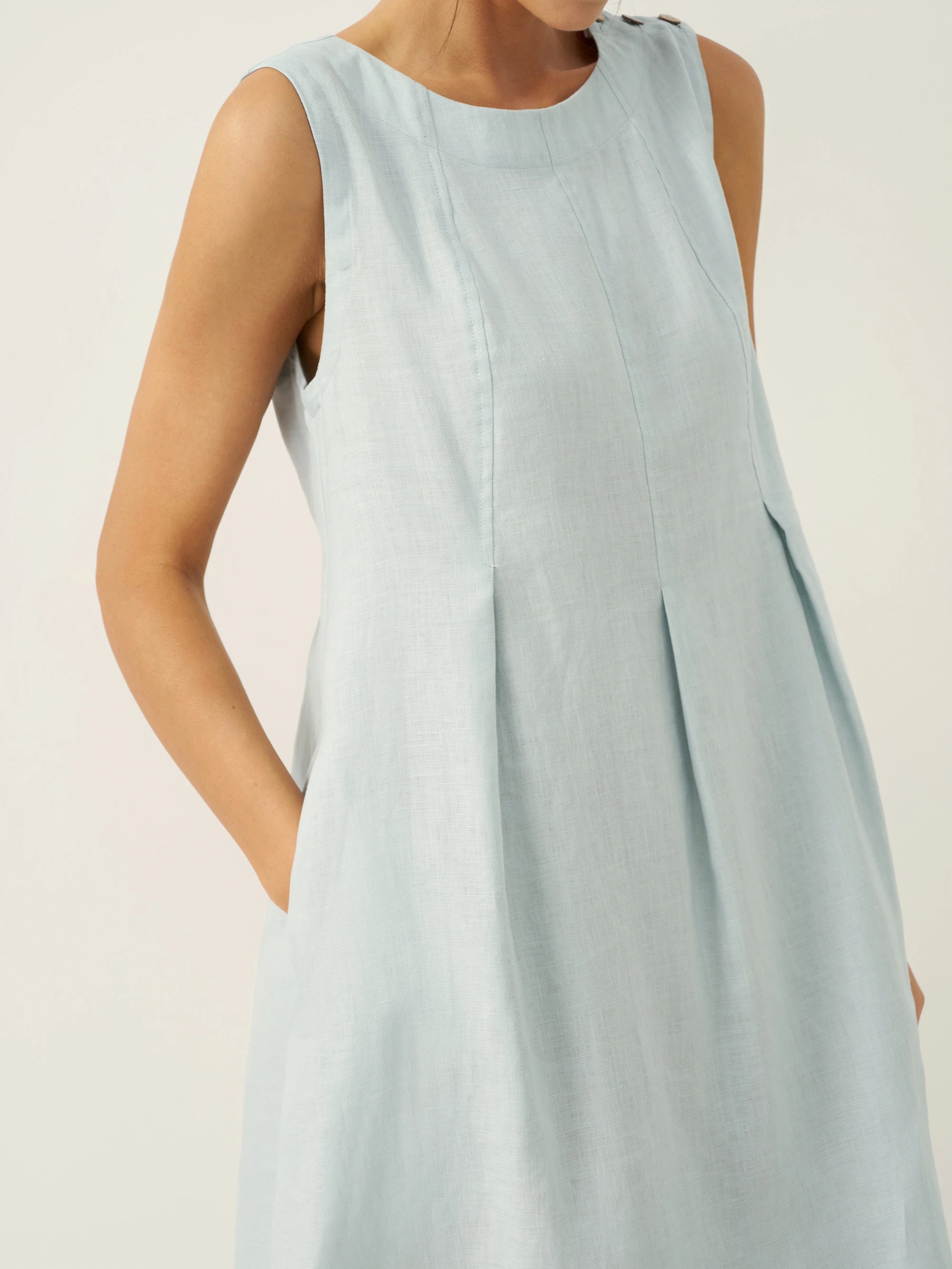 100% Linen Sleeveless Shoulder Button Midi Dress Freya