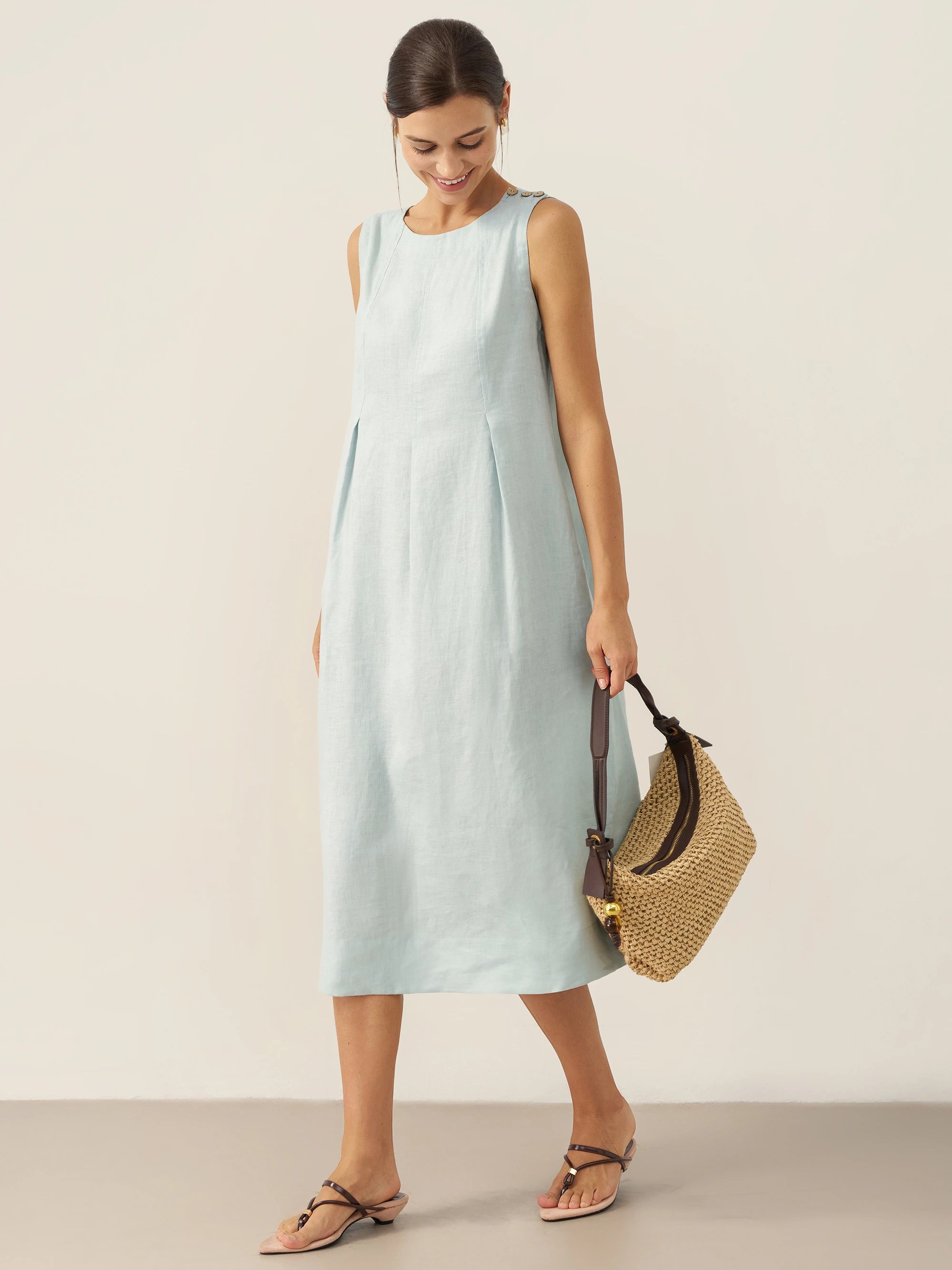 100% Linen Sleeveless Shoulder Button Midi Dress Freya
