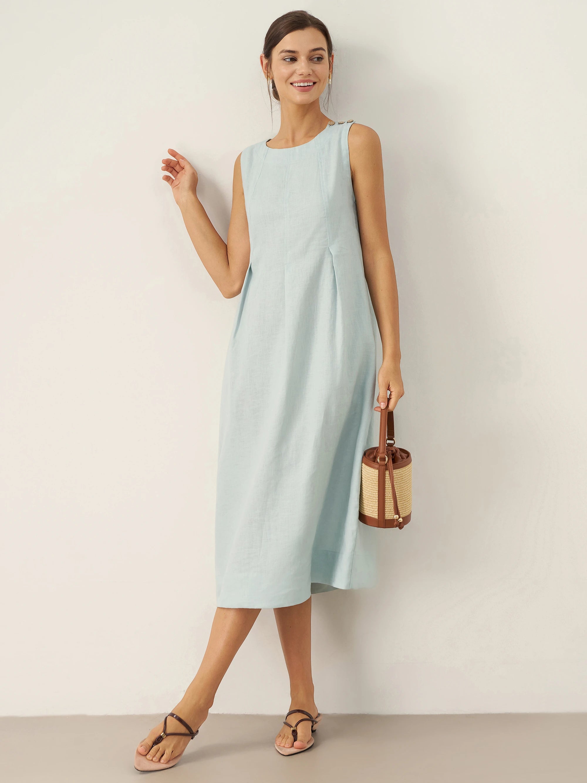 100% Linen Sleeveless Shoulder Button Midi Dress Freya