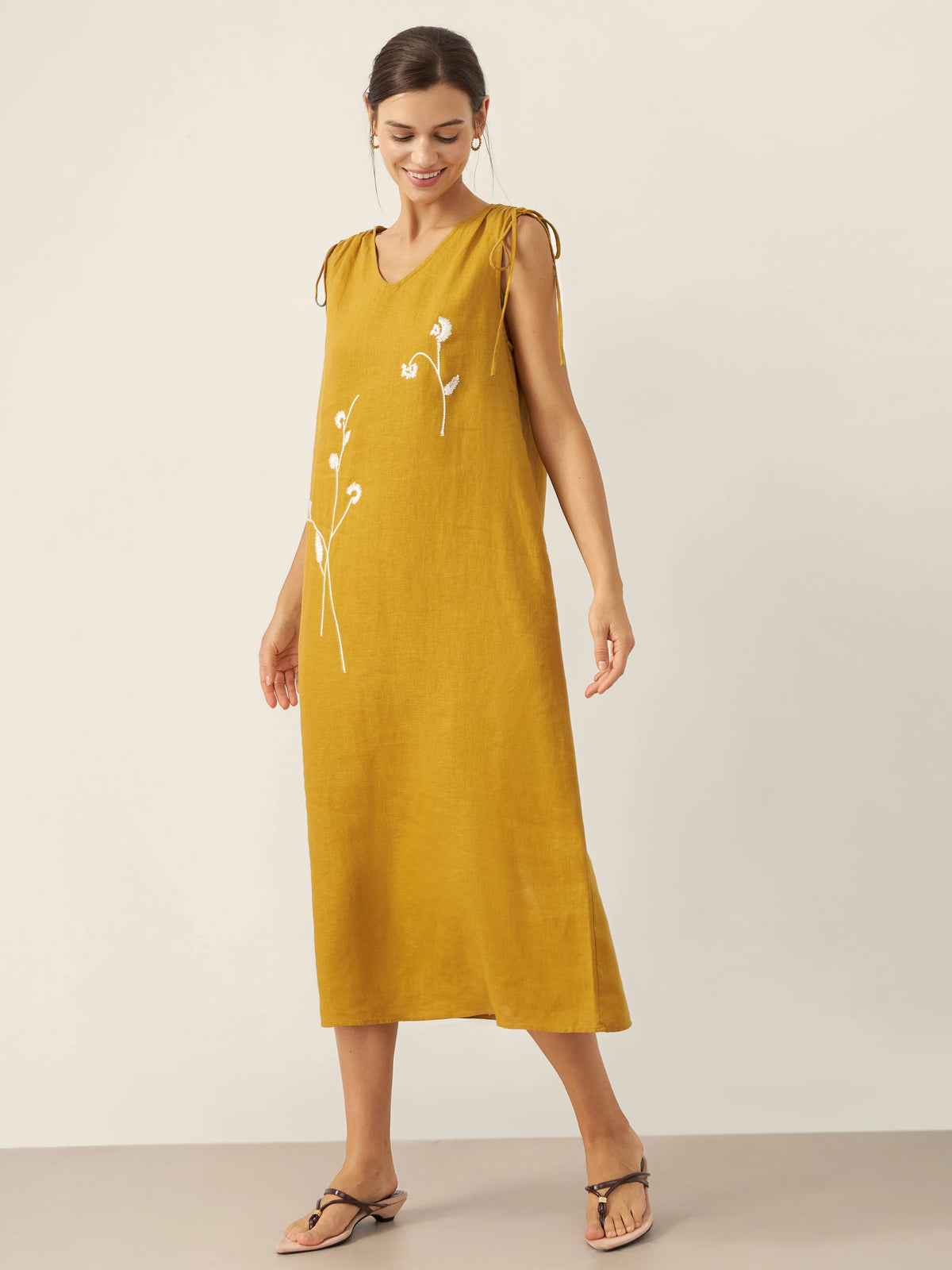100% Linen Smocked Shoulder Embroidered Maxi Dress BELINE by LINTICO for women