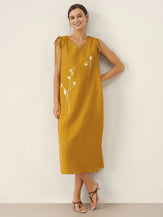100% Linen Smocked Shoulder Embroidered Maxi Dress BELINE by LINTICO for women