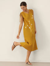 100% Linen Smocked Shoulder Embroidered Maxi Dress BELINE by LINTICO for women