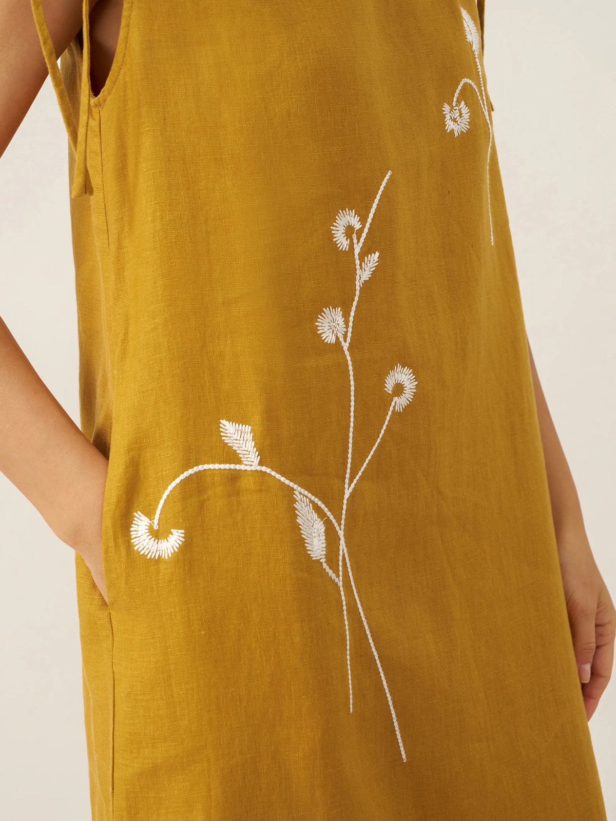100% Linen Smocked Shoulder Embroidered Maxi Dress BELINE by LINTICO for women