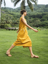 100% Linen Smocked Shoulder Embroidered Maxi Dress BELINE by LINTICO for women