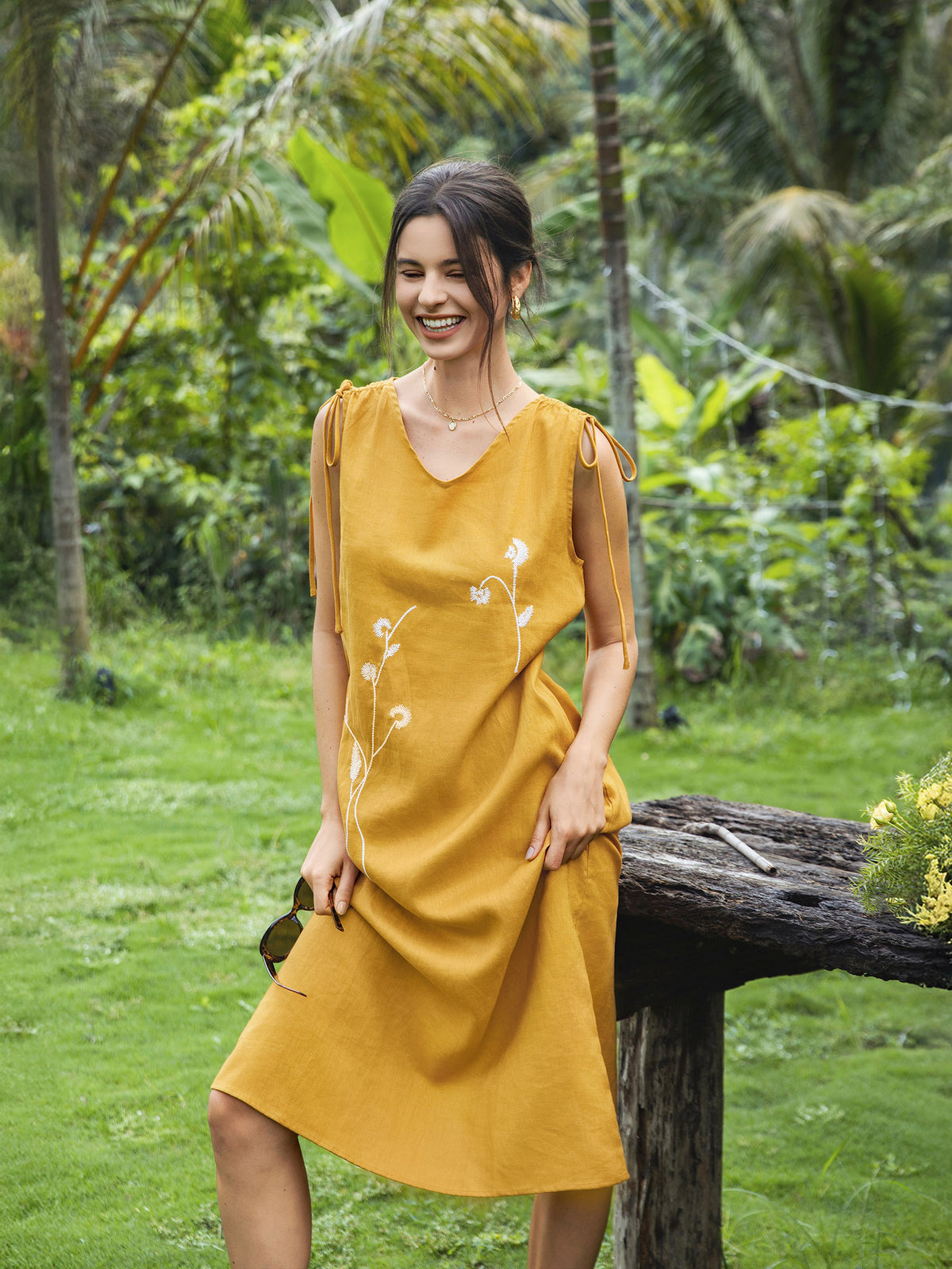 100% Linen Smocked Shoulder Embroidered Maxi Dress BELINE by LINTICO for women