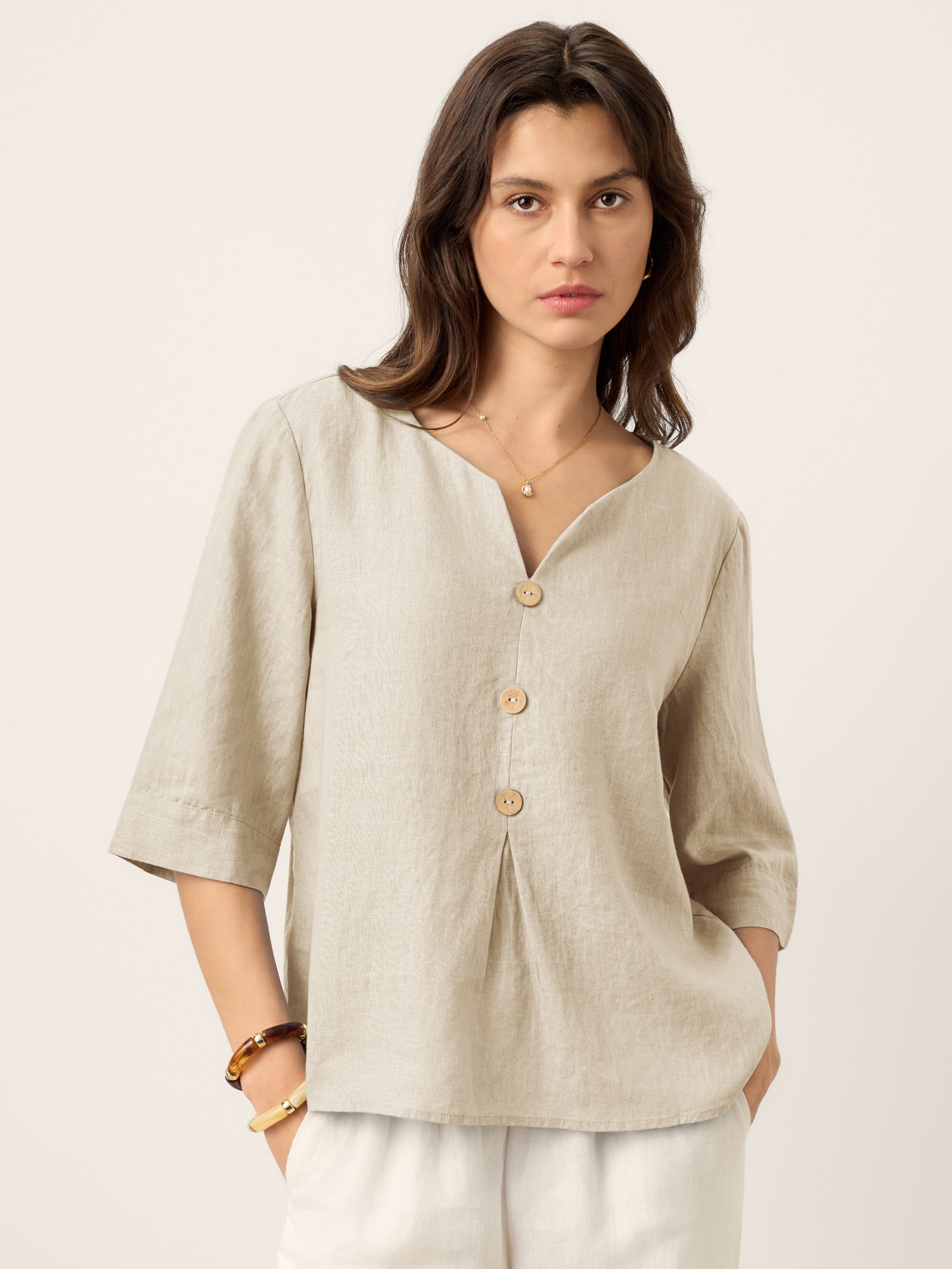 100% Linen Split Neck Inverted Pleat Top TABITHA by LINTICO for women